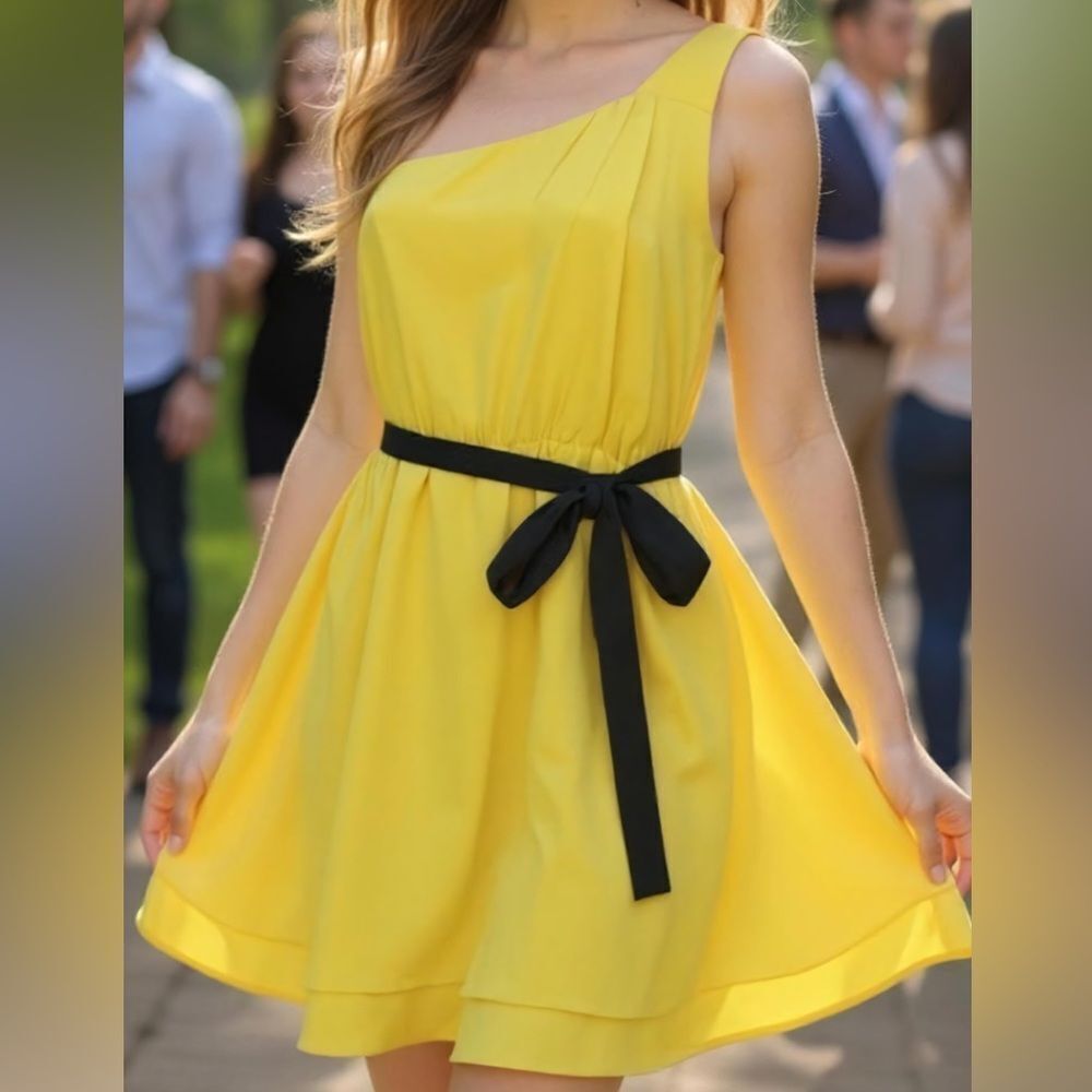 Nell Couture Yellow One Shoulder Black Tie 100% Silk Dress Size 4